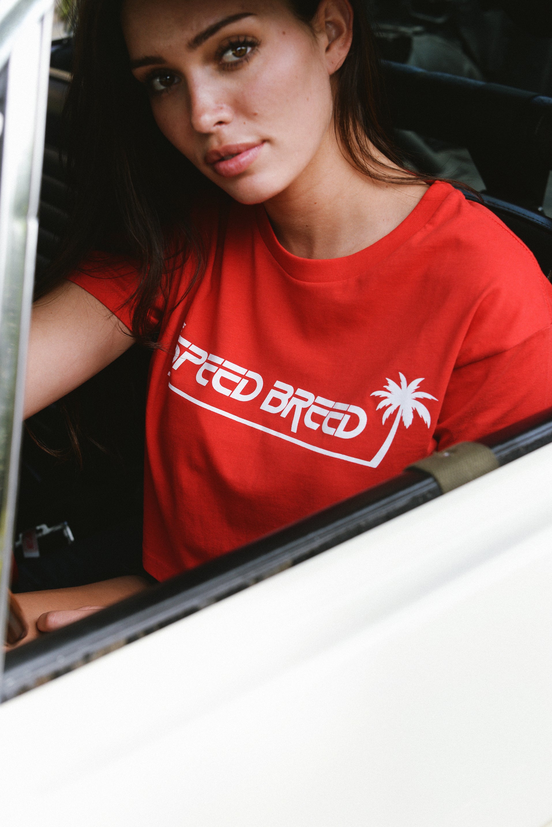 PALM TREE SPEED BREED WOMENS CROP TOP TEE (Team Red)