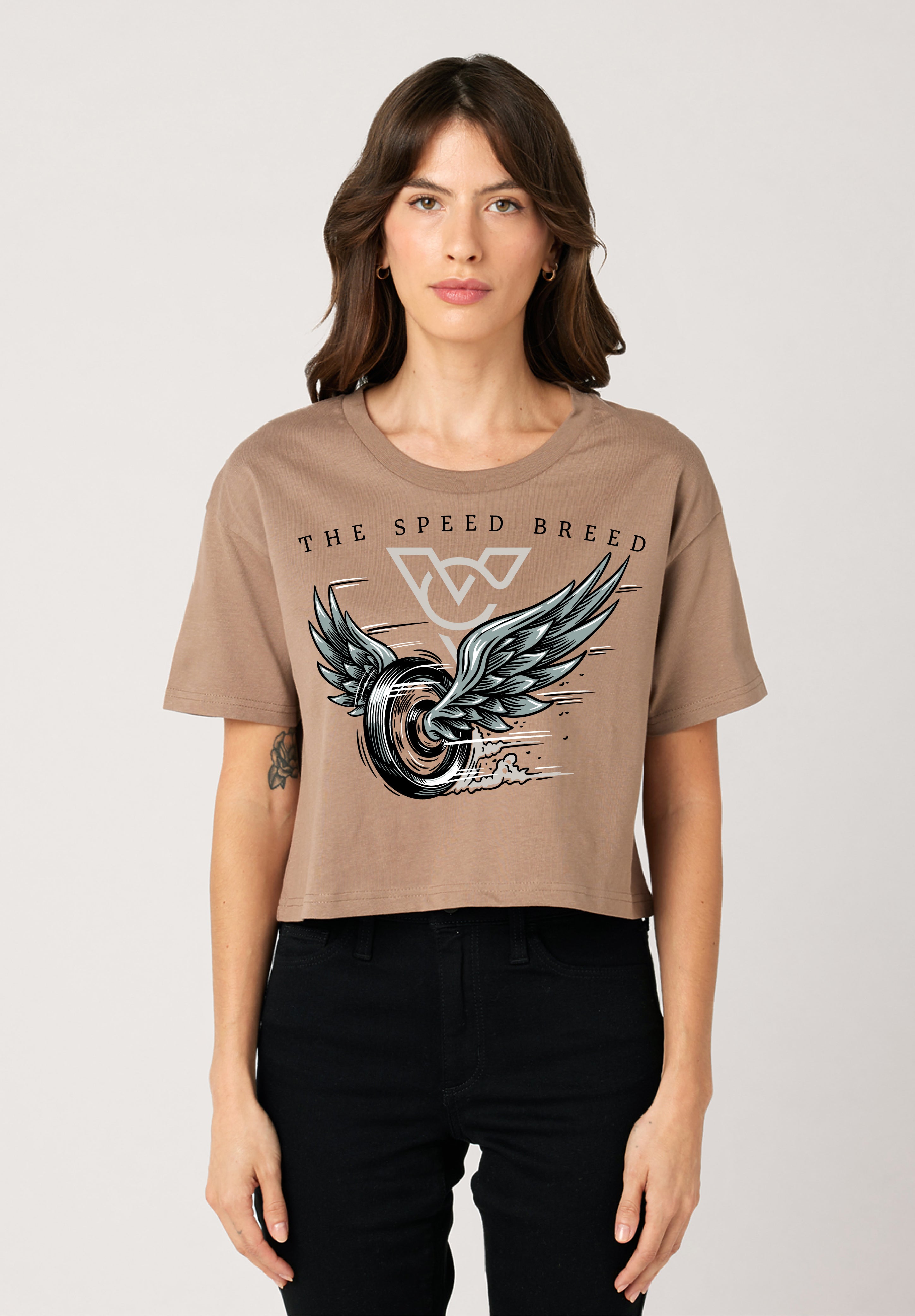 TAKE FLIGHT WOMENS CROP TOP TEE (Latte)