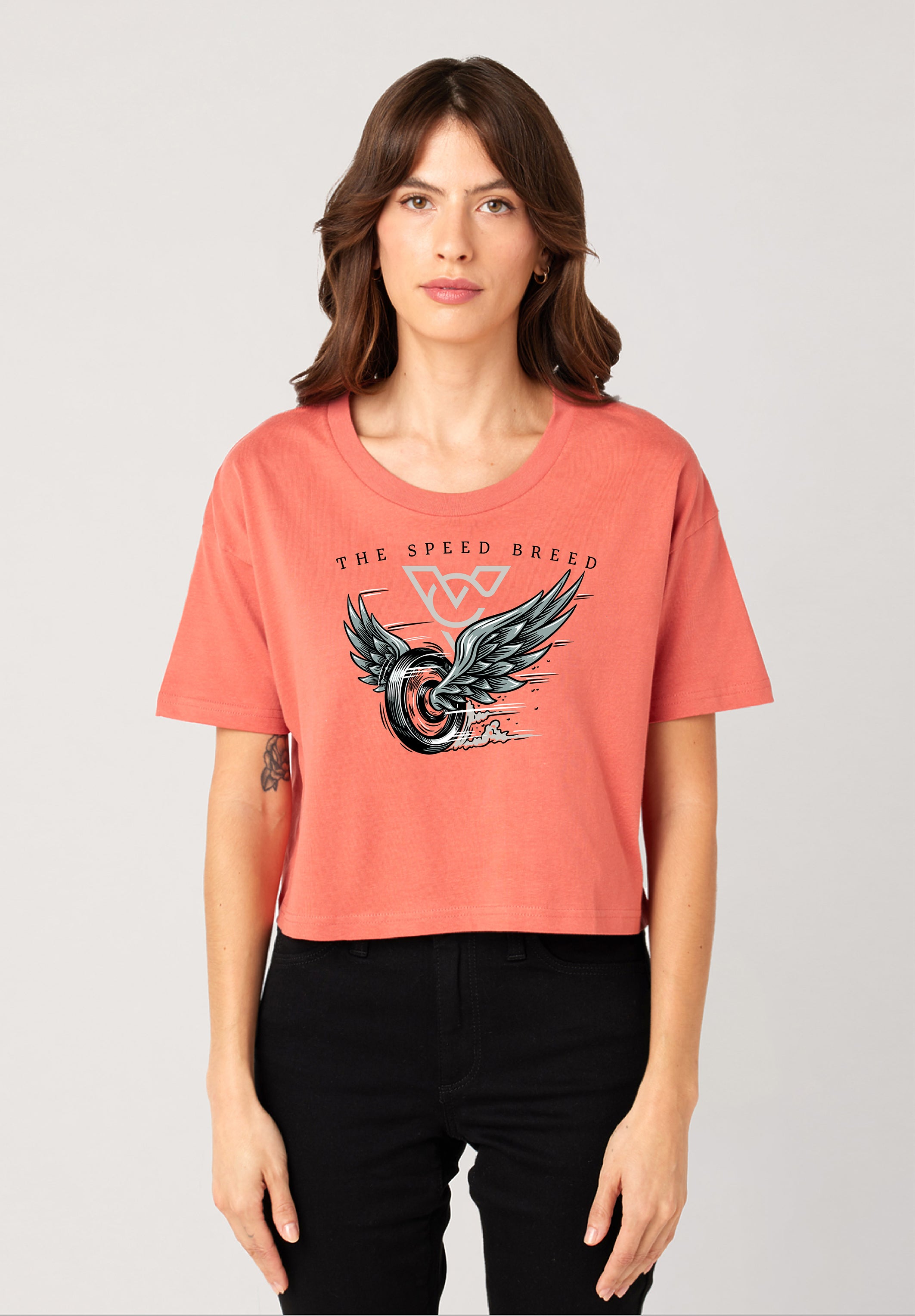 TAKE FLIGHT WOMENS CROP TOP TEE (Red Sorbet)