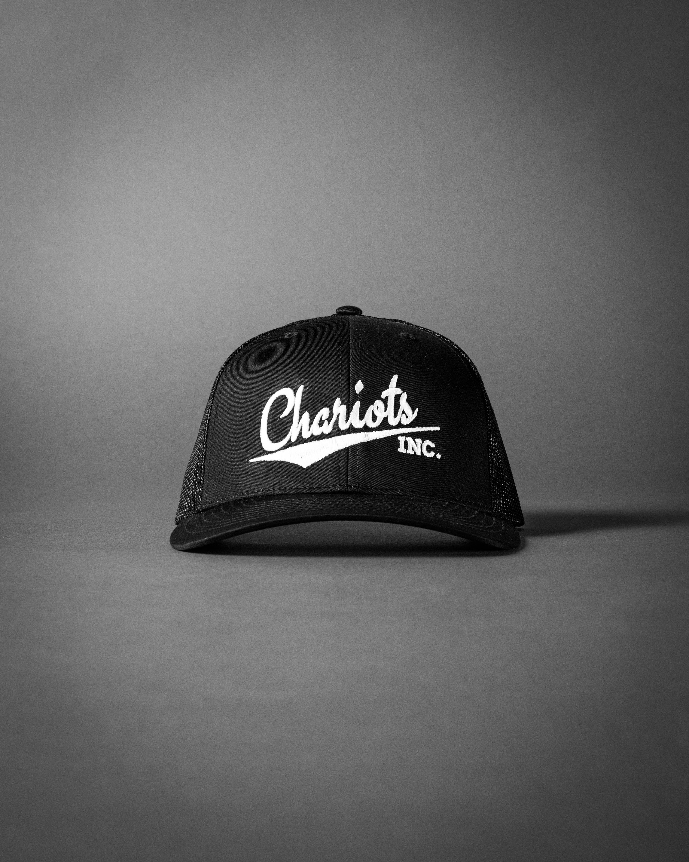 CHARIOTS INC (Black/White Embroidered Premium Trucker Hat)
