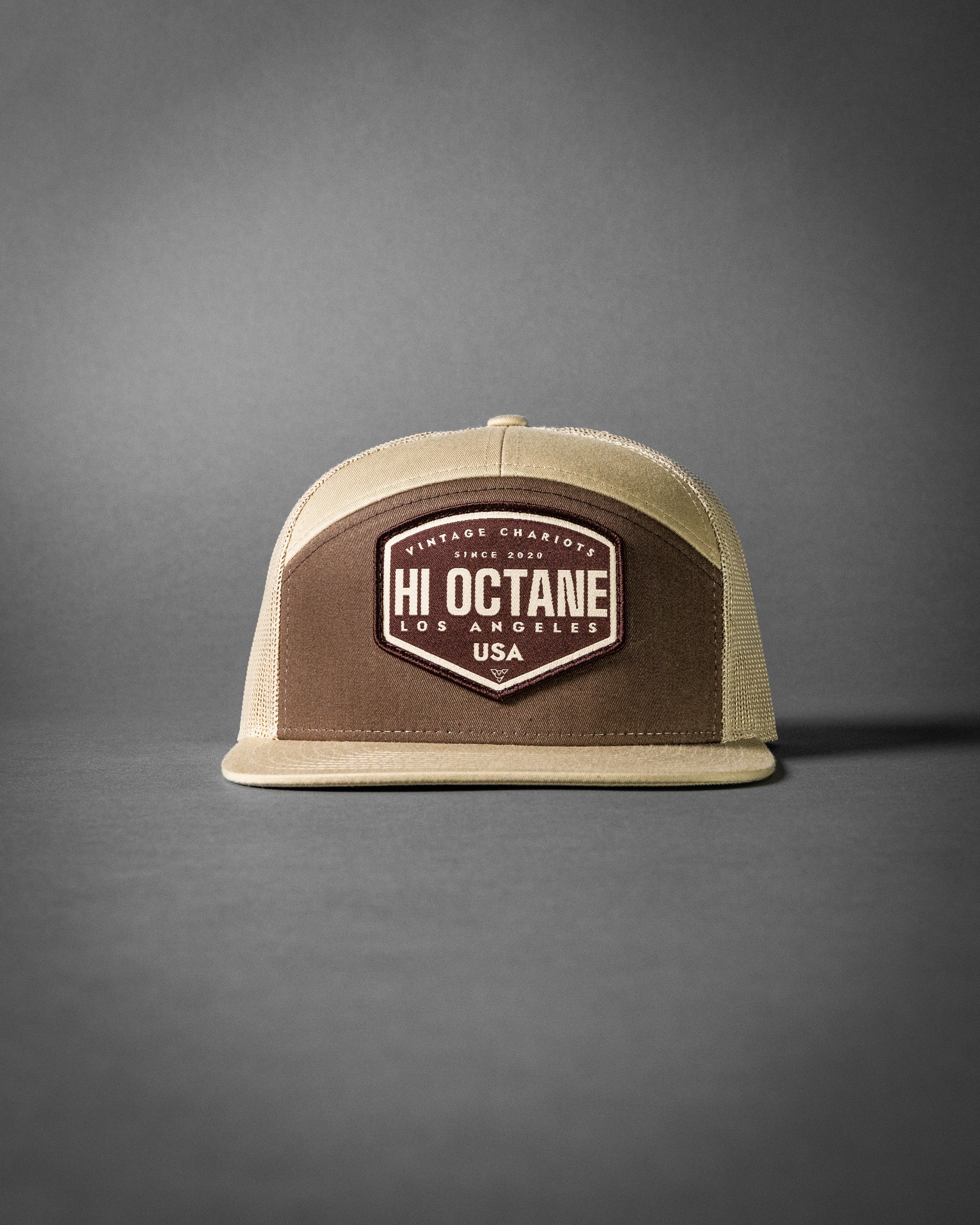 HI OCTANE (Brown/Khaki Premium 7-Panel Trucker Hat)