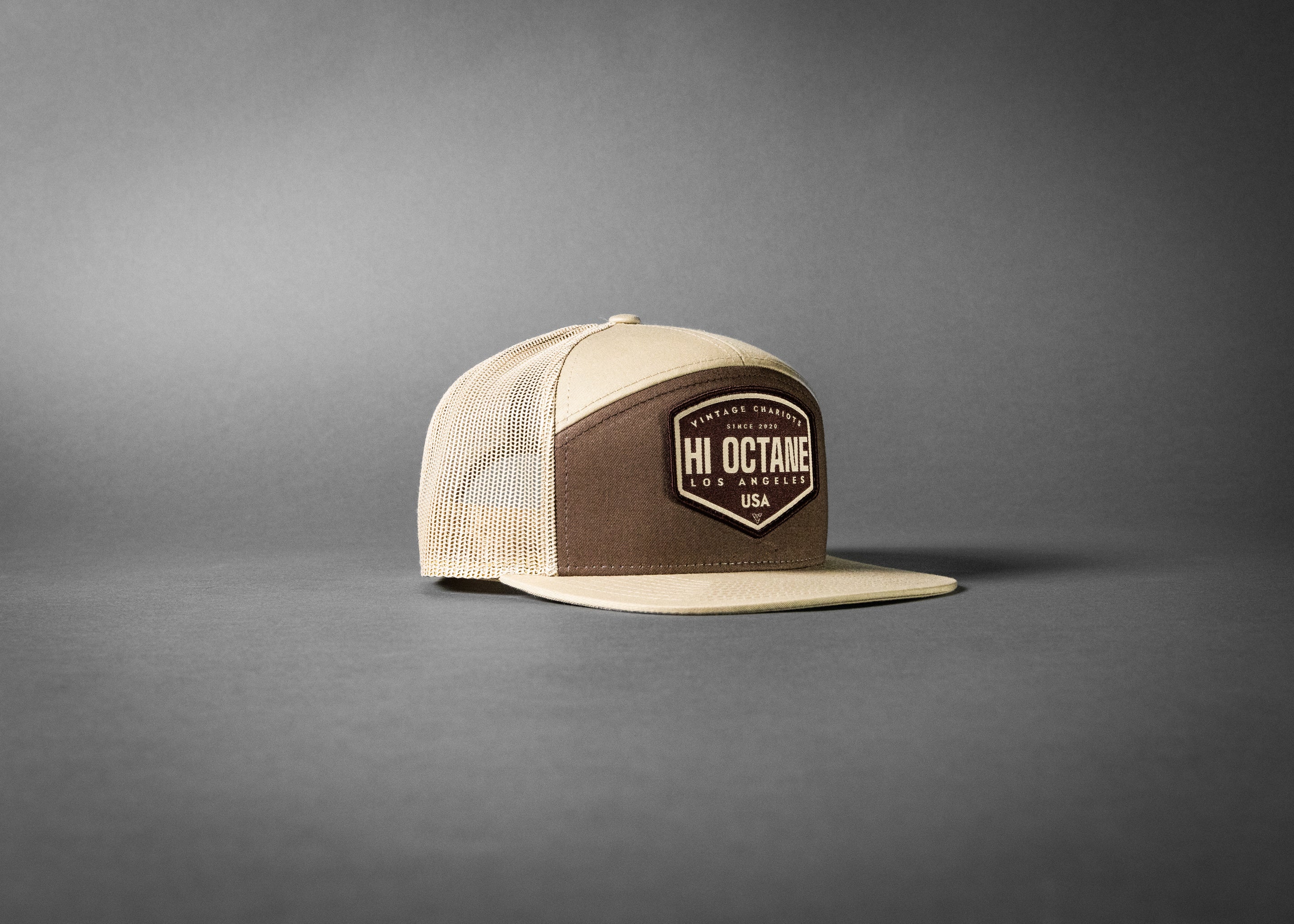 HI OCTANE (Brown/Khaki Premium 7-Panel Trucker Hat)