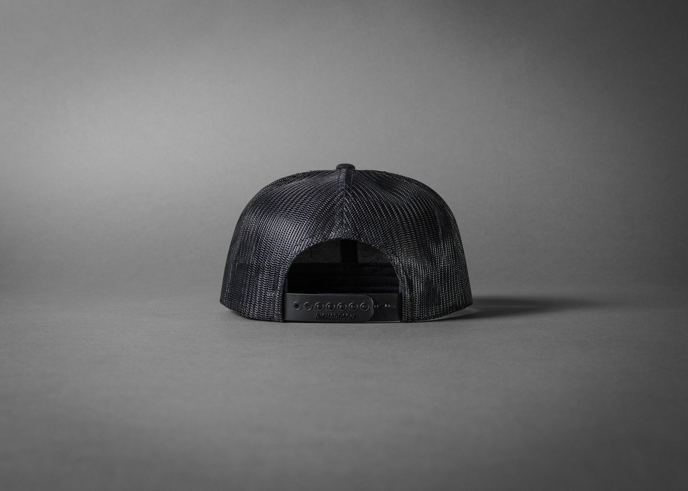 PEGASUS (Black Wool/Black Mesh Flat Bill Trucker Hat)