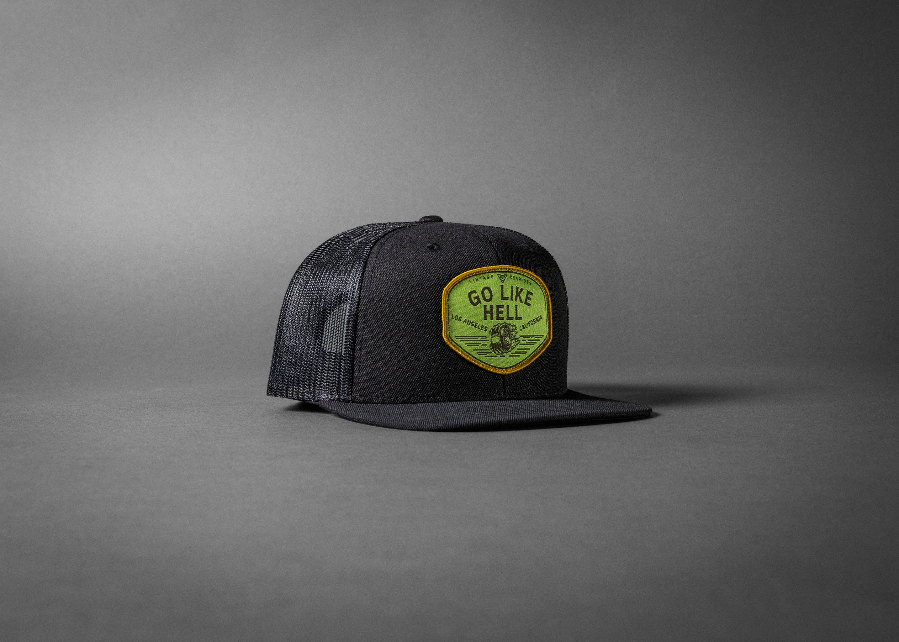 GO LIKE HELL (Black Wool/Black Mesh Flat Bill Trucker Hat)