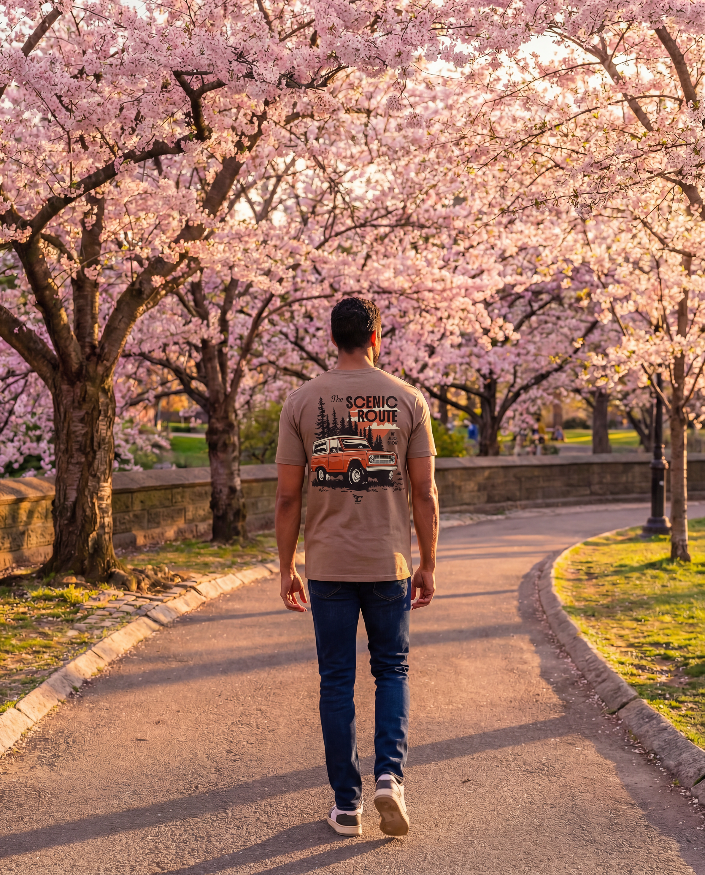 Person walking on a path lined with cherry blossom trees