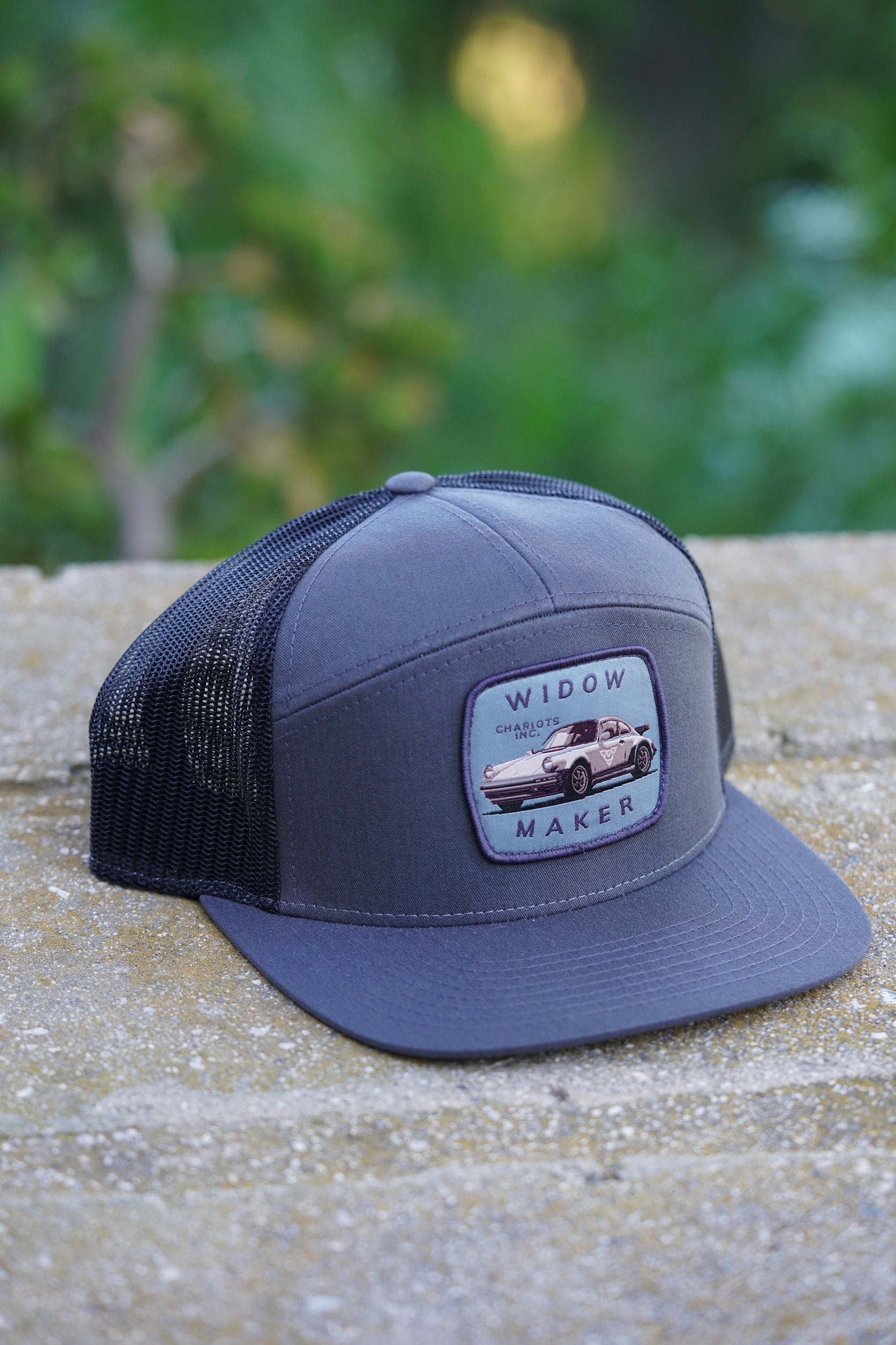 WIDOWMAKER V.2 BLUE (Charcoal/Black Premium 7-Panel Trucker Hat)