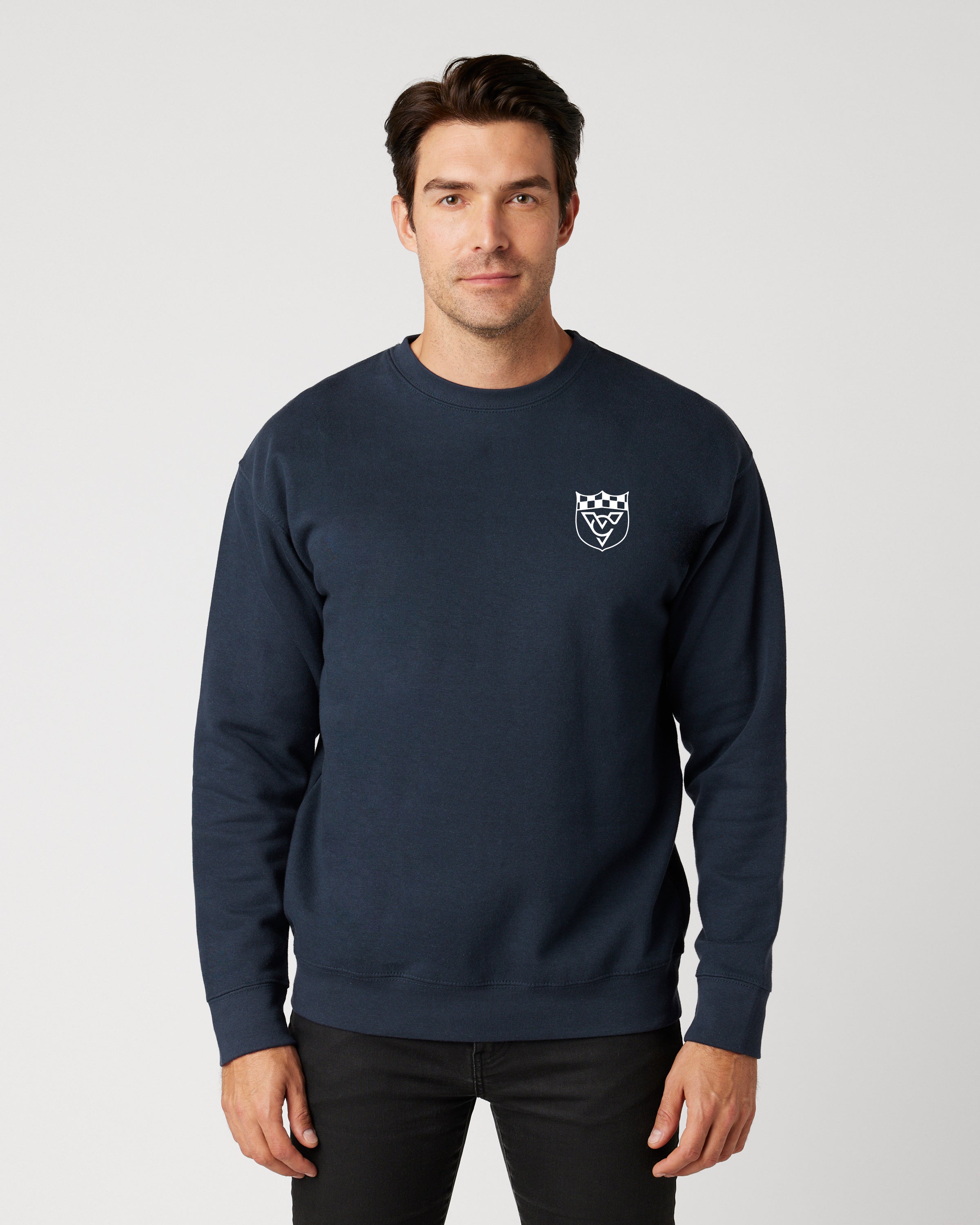 CHECKERED FLAG UNISEX PREMIUM CREW NECK SWEATSHIRT (Navy Blazer)