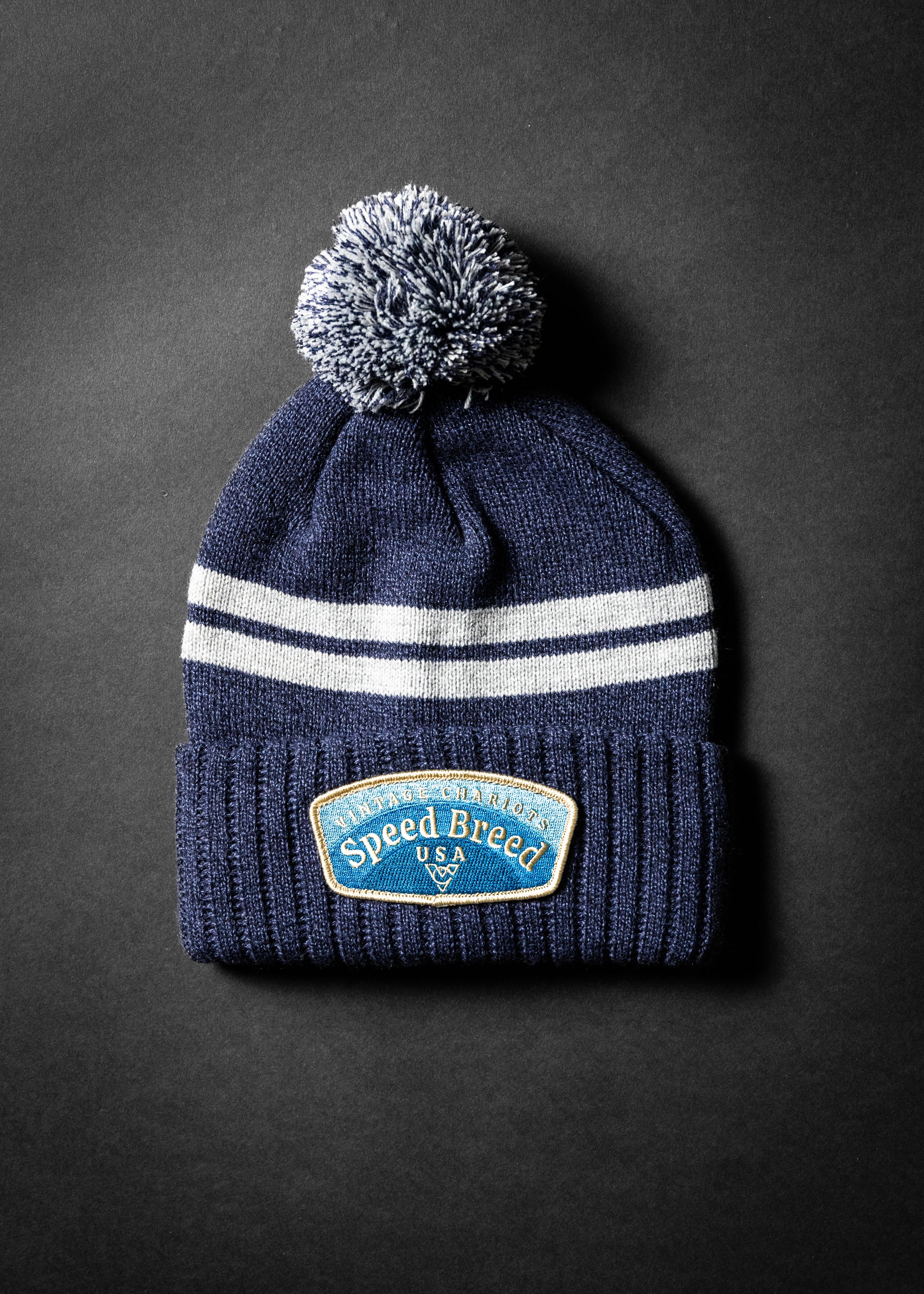 DOUBLE RAINBOW SHORT POM BEANIE (Heather Navy)