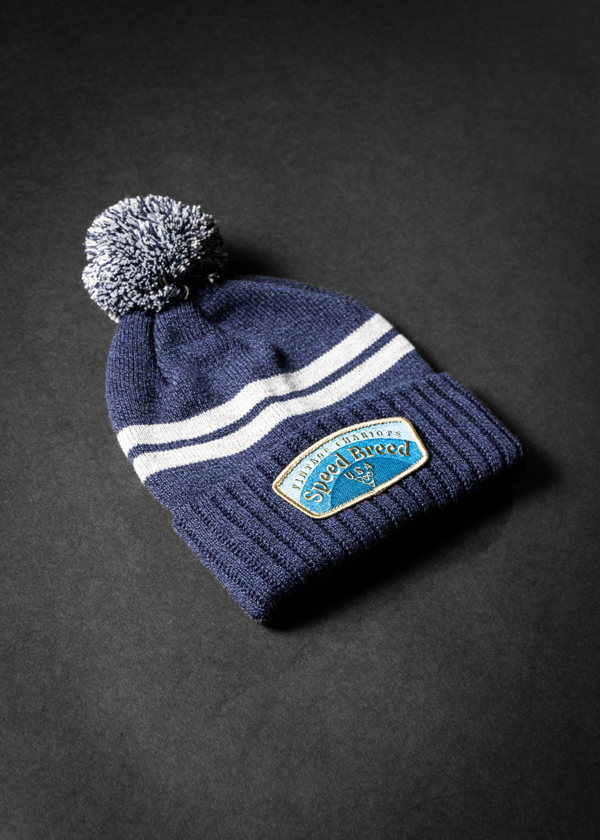 DOUBLE RAINBOW SHORT POM BEANIE (Heather Navy)