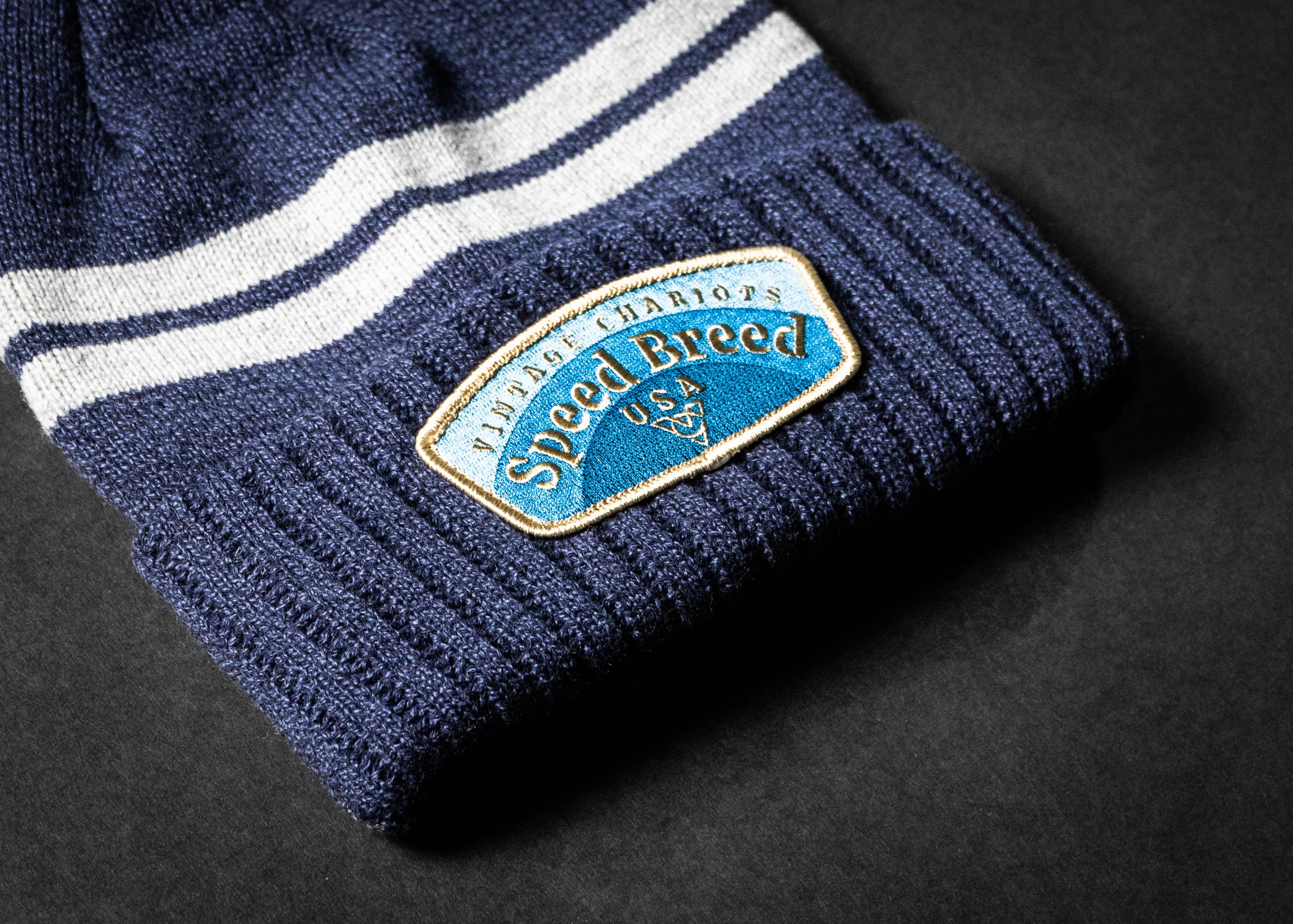 DOUBLE RAINBOW SHORT POM BEANIE (Heather Navy)