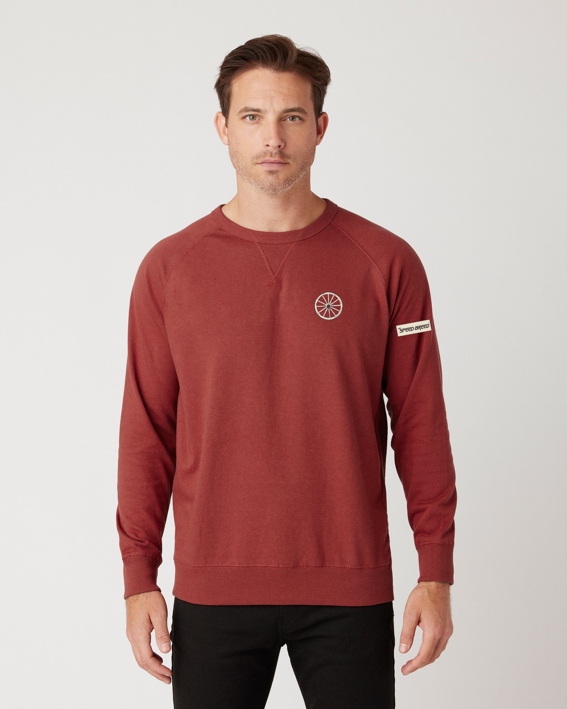 CHARIOTS EMBROIDERED UNISEX FRENCH TERRY CREW NECK SWEATER (Spice Red)