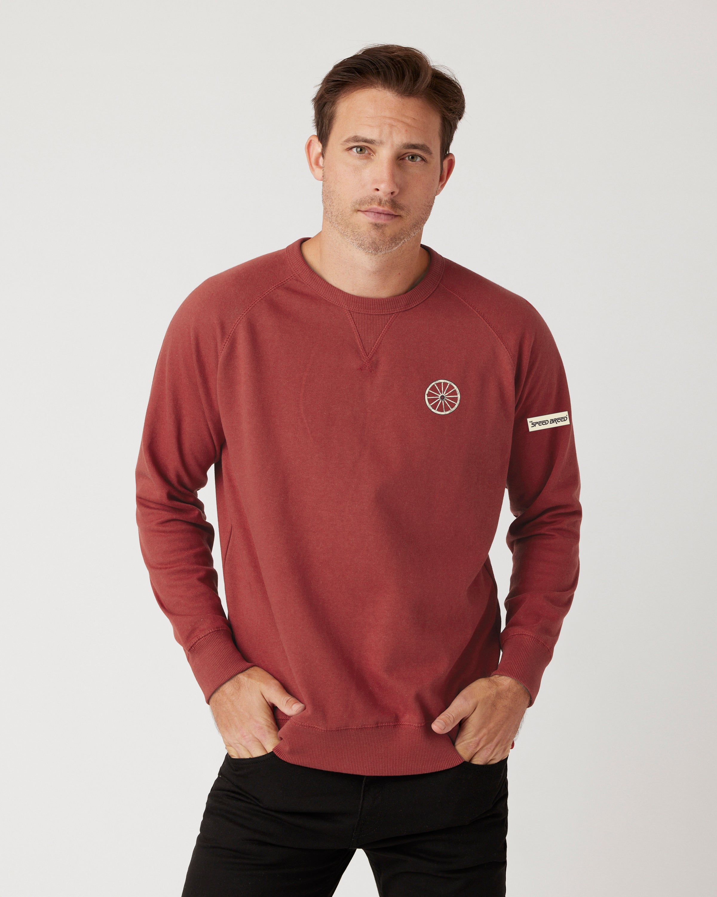 CHARIOTS EMBROIDERED UNISEX FRENCH TERRY CREW NECK SWEATER (Spice Red)