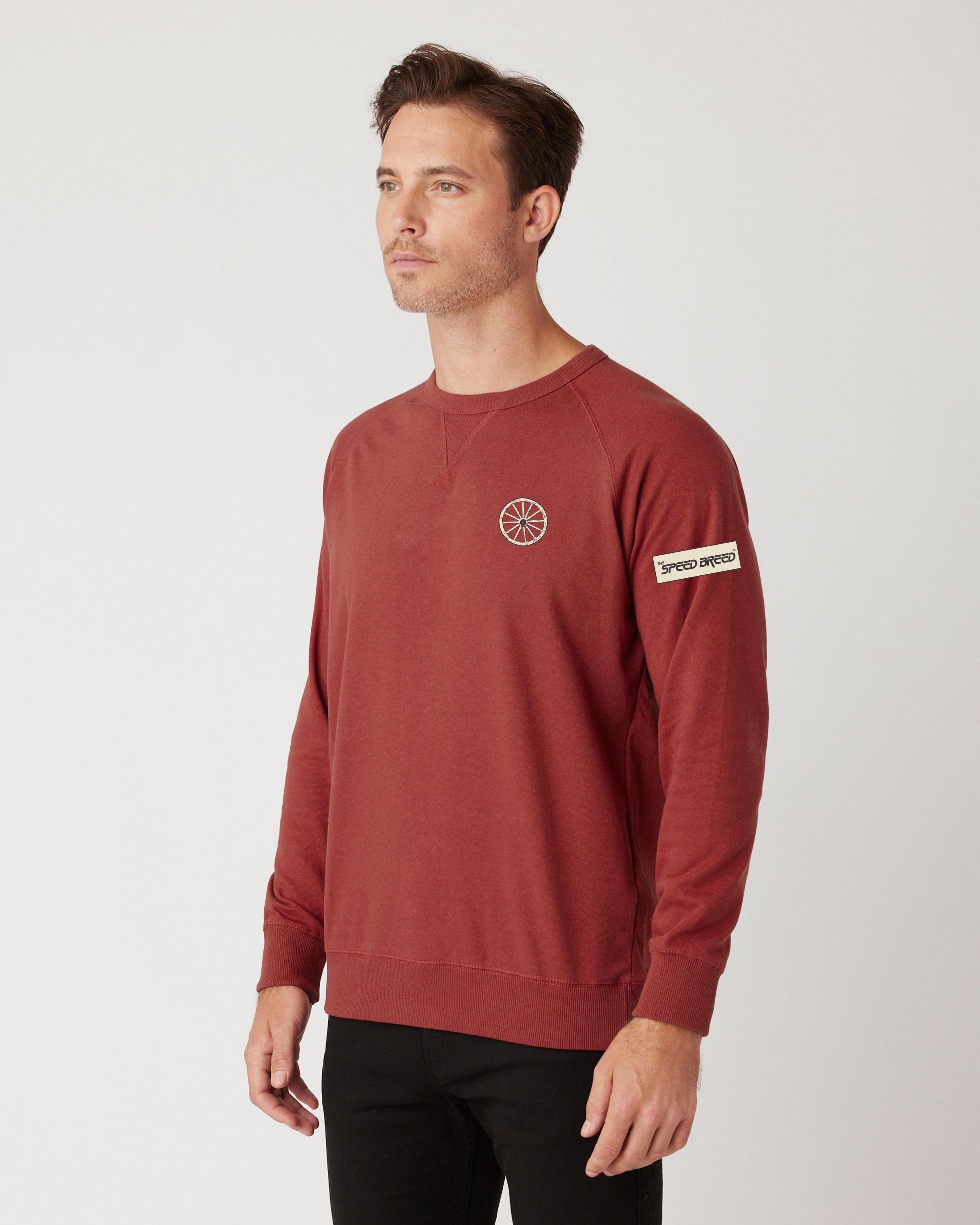 CHARIOTS EMBROIDERED UNISEX FRENCH TERRY CREW NECK SWEATER (Spice Red)