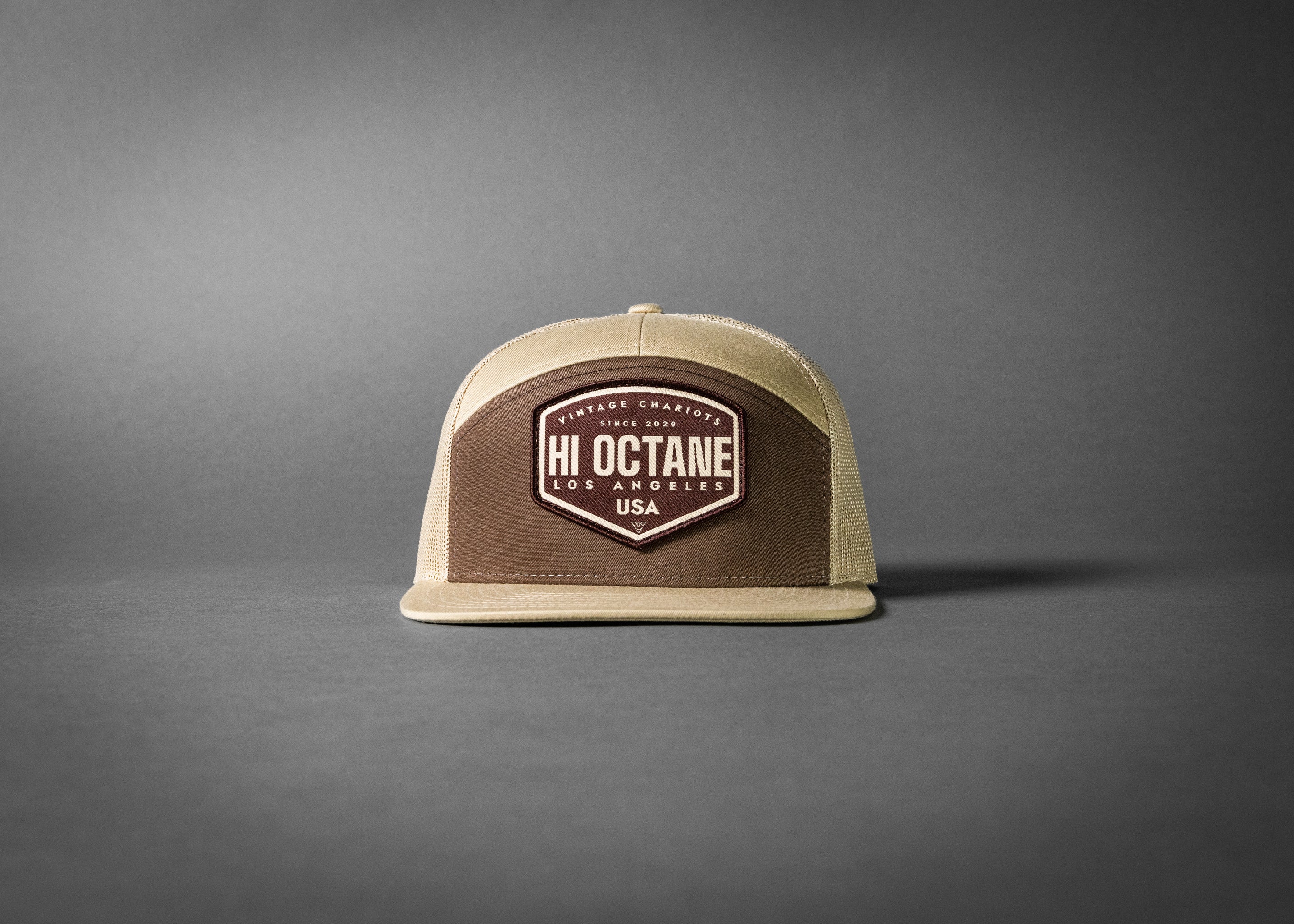 HI OCTANE (Brown/Khaki Premium 7-Panel Trucker Hat)
