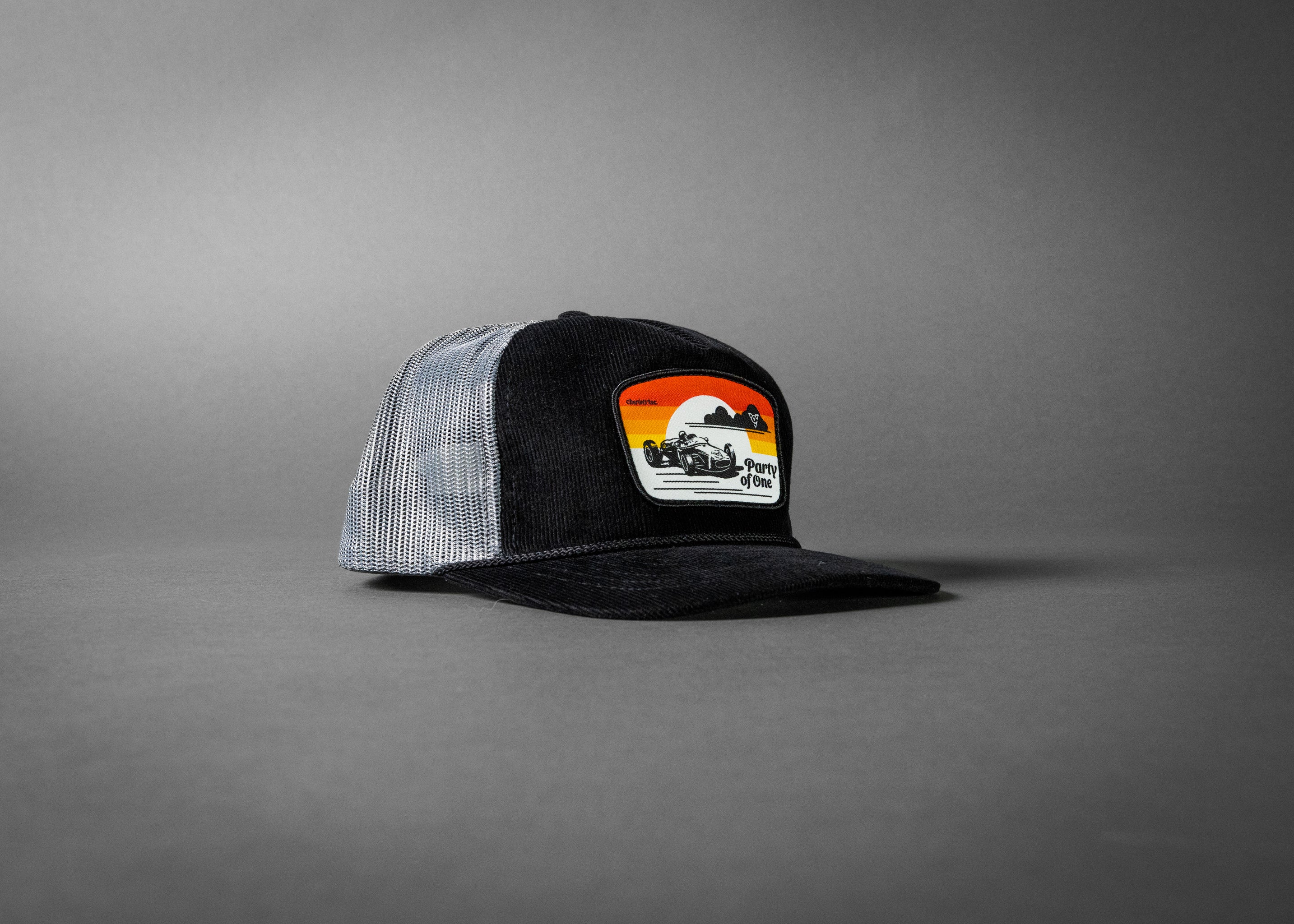 PARTY OF ONE (Black/Charcoal Corduroy Trucker Hat)