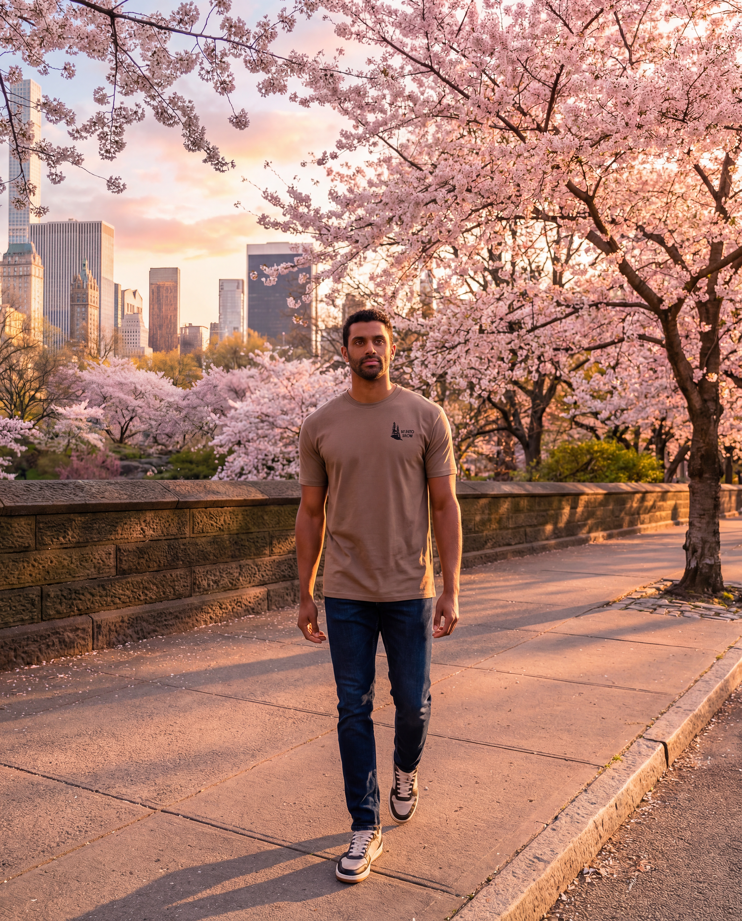 Man walking on a sidewalk with cherry blossom trees and city skyline in the background