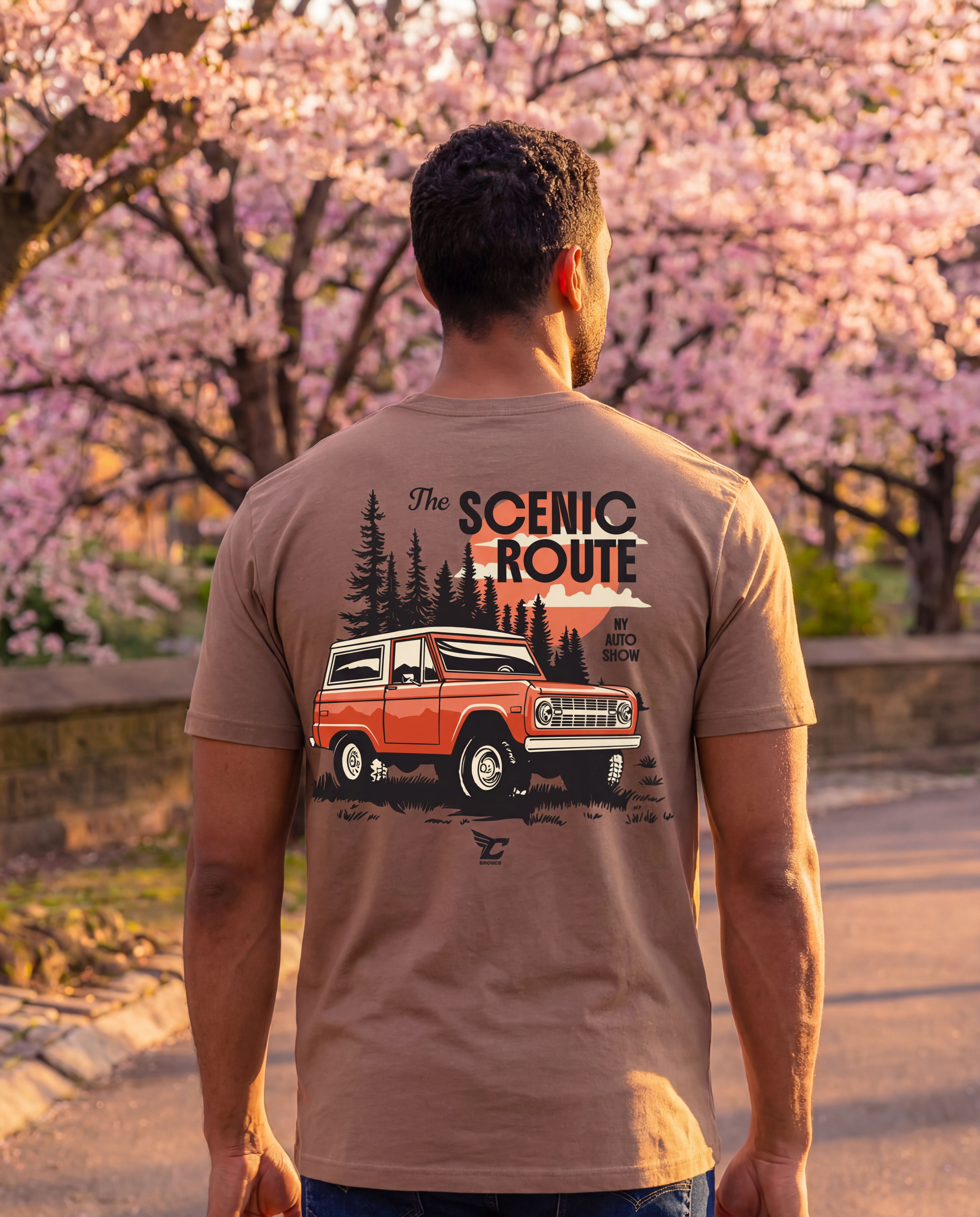 Man wearing a beige t-shirt with a graphic design of a vintage FORD BRONCO and 'The Scenic Route' text, standing in front of cherry blossom trees.