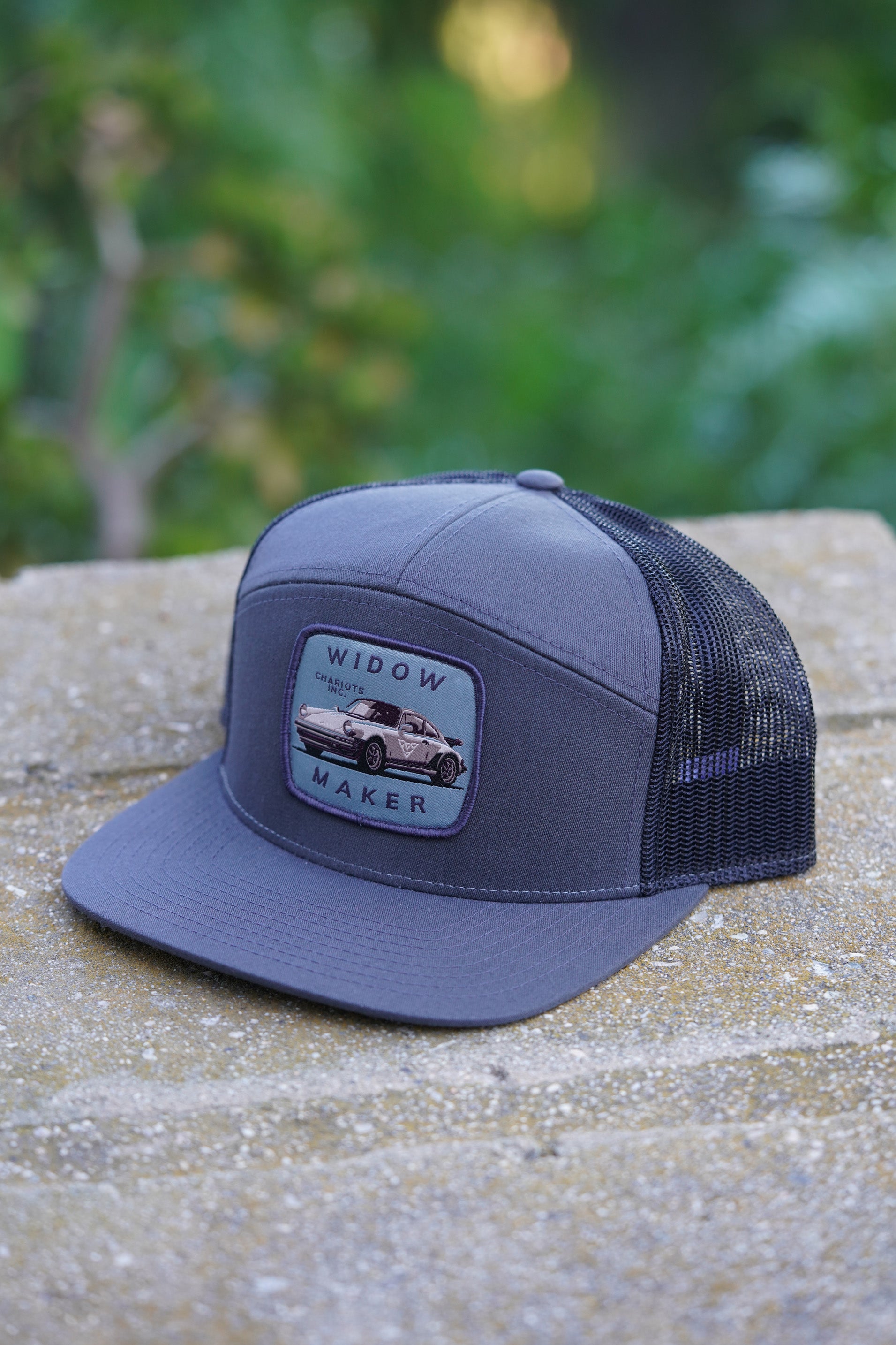 WIDOWMAKER V.2 BLUE (Charcoal/Black Premium 7-Panel Trucker Hat)