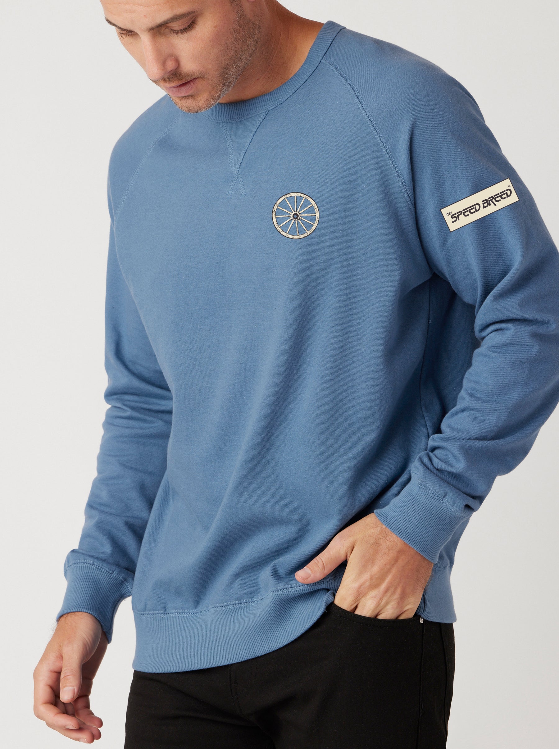 CHARIOTS EMBROIDERED UNISEX FRENCH TERRY CREW NECK SWEATER (Slate Blue)