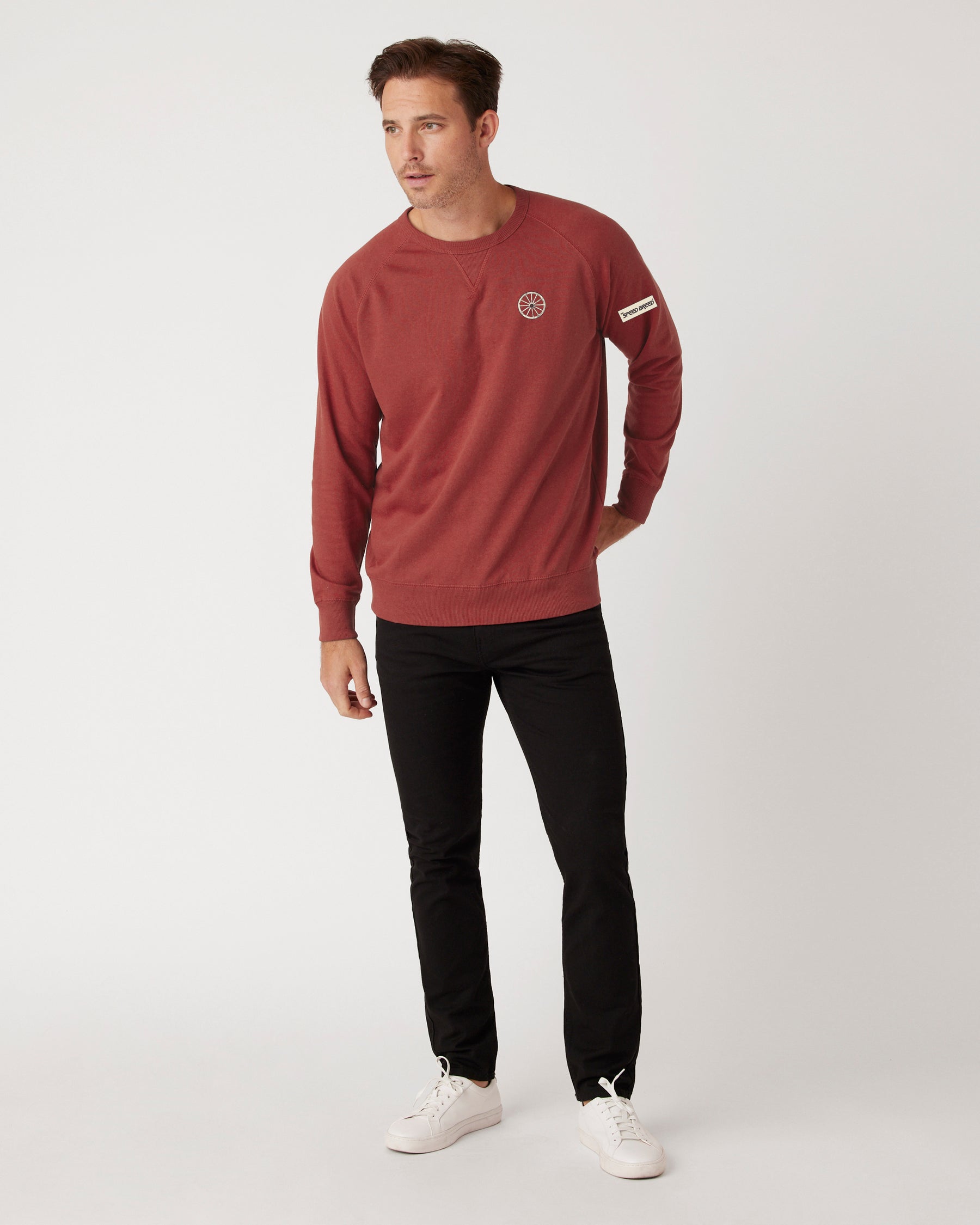 CHARIOTS EMBROIDERED UNISEX FRENCH TERRY CREW NECK SWEATER (Spice Red)
